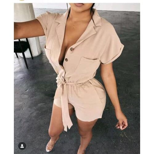 2021 Women Fashion Turn-down Collar Overalls with Waistband Solid Color Short Sleeve Playsuits Summer Ladies Casual Rompers