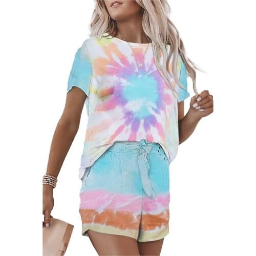 Women Casual Loose Tie Colorful Dye Clothing Sets Lady Short Sleeve Pullover Round Neck Top + High Waist Drawstring Shorts