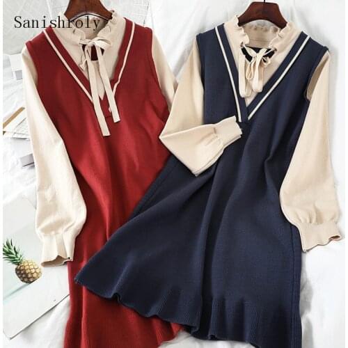 Sanishroly Autumn Winter Women Tie Bow Patchwork Sweater Dress Ladies Long Sleeve Mini Knitted Dresses Bottoming Vestidos CD080