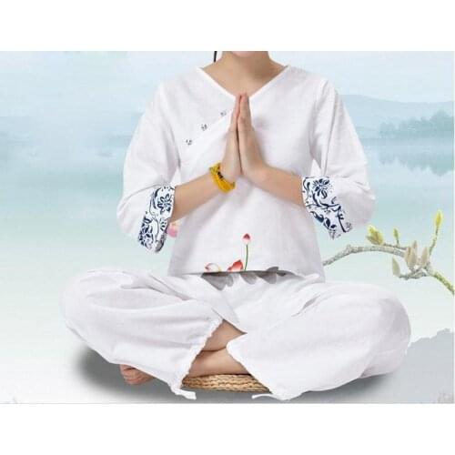 2017 Newest women yoga suits spring&summer cotton&linen printed lotus lay clothes meditation leading female tai chi clothing set