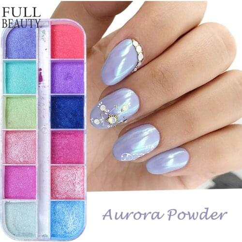 12Grids Pearl Aurora Glitter Nail Powder Chrome Pigment Fine Rubbing Shimmer Dust UV Gel Polish Mirror Powder Decoration CHZGF-1