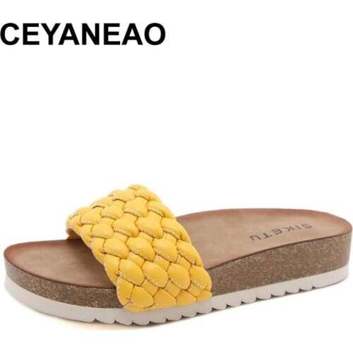 CEYANEAOSummer Women Weave Slippers Platform Flat Outdoor Non-slip Beach Flip Flop Casual Sexy Sandals Wooden Bottom Ladies Shoe