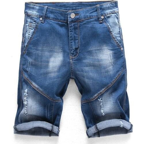 New Mens male fashion casual knee length slim straight stretch denim shorts Summer vintage blue patchwork ripped jeans Capri