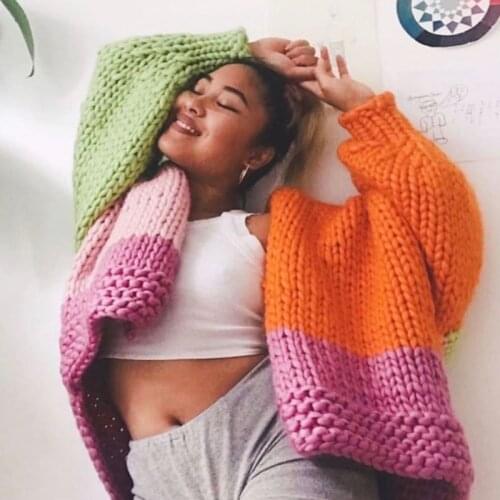 Contrast Color Hand Crotch Cardigan Vintage Woman Drop Lantern Sleeve Sweater Pull Loose Knitwear Cardigans Jumper Top Femme New