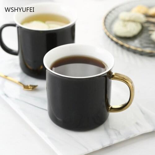 Ceramic cup with spoon creative golden handle black personality couple men and women milk cup home water cup teacup cup