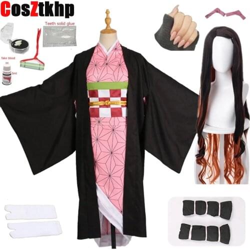 New adult and kids Hot New Anime Demon Slayer: Kimetsu no Yaiba Cosplay Kamado Nezuko Woman Japanese Kimono Cosplay Costume wigs