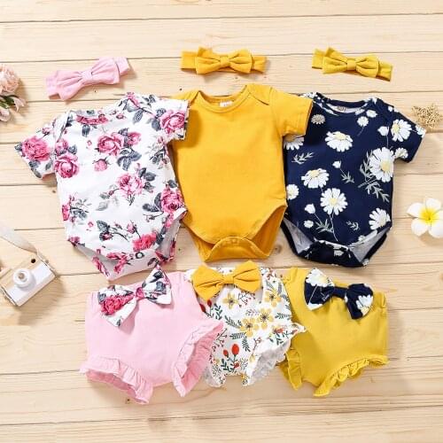 Baby Girl Set 2021 Summer New Printed Short Sleeve Romper + Bow Tie Shorts + Headwear 3PCS Baby Set Cute Girl Clothes