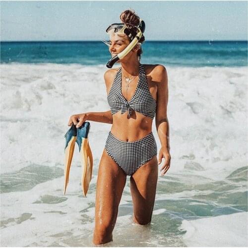 Swimwear Women 2021 Sexy Two Piece Swimsuit Swimwear Plaid Bikini Patchwork Swimsuit Summer Beach Bathing Suit New F3