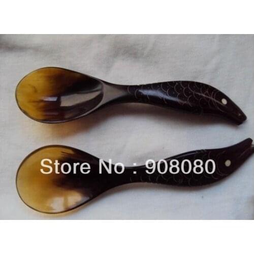 L014 Tibet natural yak horn soup spoon,15-16cm,baby healthy ladle,hand carved fish handle,10pcs lot
