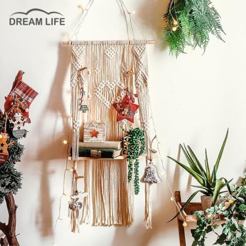 Macrame Handmade Wall Hanging Decor Plant Basket Cotton Woven Wooden Shelf Pot Hanger Tapestry Aesthetic Home Room Decoration