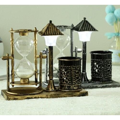 Creative Retro Hourglass Timer Craft Sand Timer Sand Clock With Flashing Pen Holder Night Lamp For Table Home Decor Gift