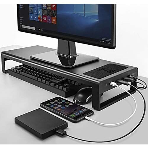 USB3.0 Wireless Charging Aluminum Monitor Stand Riser Support Transfer Data and Charging,Keyboard and Mouse Storage Desk