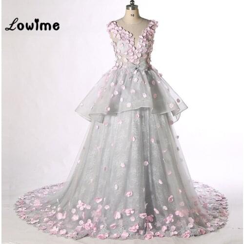 Stunning Sliver Lace Formal Evening Dresses Long with Pink Flowers Pearls Engagement Prom Dress vestido de festa Evening Gown