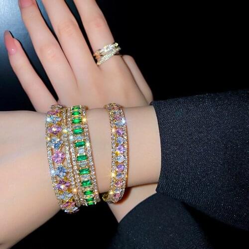 Luxury Pink Crystal Cuff Bracelet For Women Simple Geometric Green Shining Rhinestone Bracelets & Bangles Weddings Party Jewelry