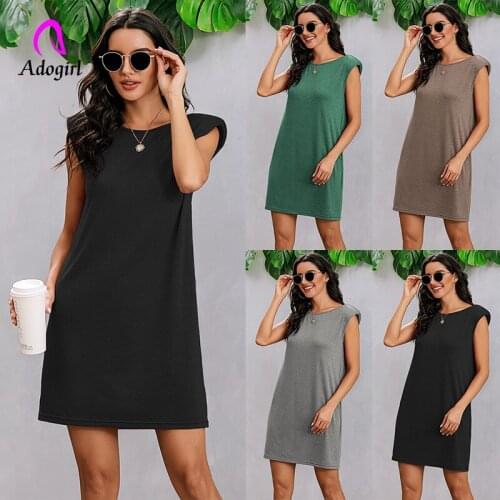 Shoulder Pad Mini Dress Plain Color Women O Neck Workwear Summer Sleeveless Vestidos Straight Loose Casual Office Lady Dresses