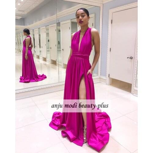 2021 Long Satin V Neck Prom Dresses Sleeveless High Split Side Backless Halter Formal Evening Party Gowns Robe De Soiree