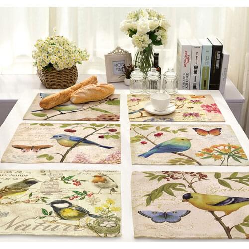 Placemat Vintage Flower and Bird Print Dish Glass Bar Mat Drink Coasters Cup Placemat Home Textile Kitchen Table Decor 42*32cm