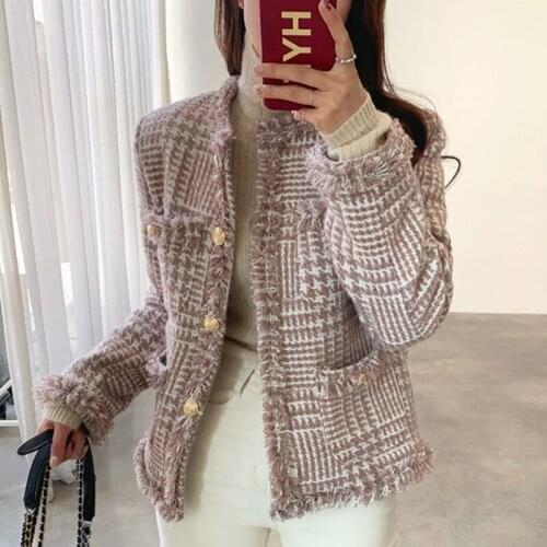 Autumn French Temperament Round Neck Fringed Metal Buckle Loose and Versatile Long-sleeved Tweed Jacket