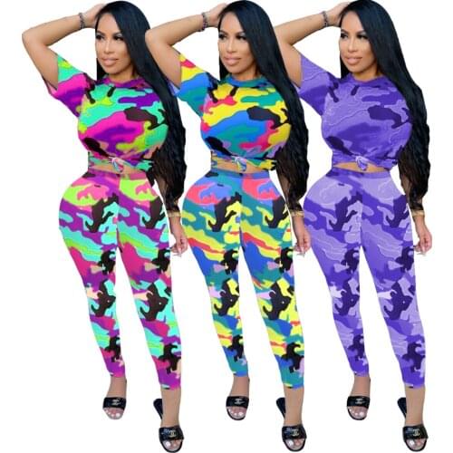 Camouflage 2 Pieces Tracksuit Sets Women Short Sleeve O Neck T-shirt Top + Elastic Wasit Long Pants Trousers Spring Sportwear