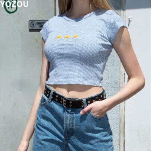 Harajuku short sleeve tee crop top female women black white cropped tee floral pattern embroidery striped solid tee YL-52