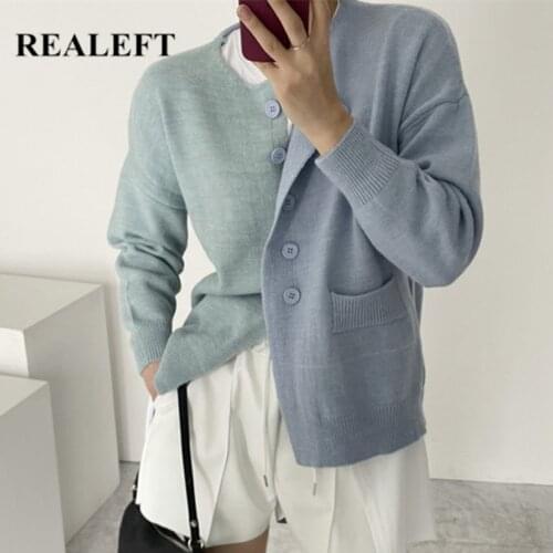 REALEFT Autumn Winter 2021 New Colorblock Knitting Cardigan Elegant Round Neck Long Sleeve Loose Casual Womens Sweater Outwear