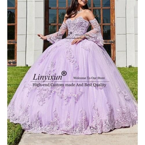 Lavender Off The Shoulder Quinceanera Dresses 2021 Ball Gown Tulle 15 anos Fluffy Dresses Sweet 18 Vestidos Elegant Prom Dress