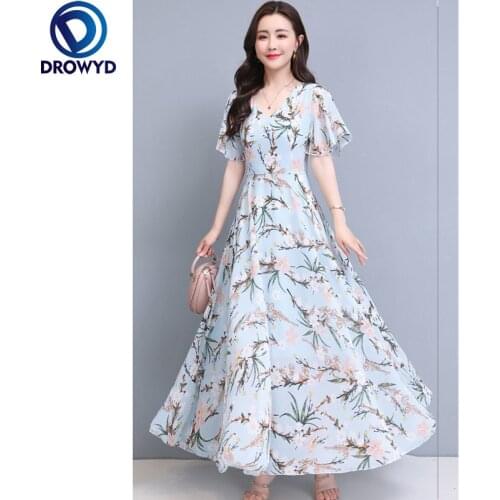 2021 Summer Beach Dress Fashion Hot Sale Bow Collar Flower Printed Short Sleeve Women Long Chiffon Party Dresses Plus Size S-4XL