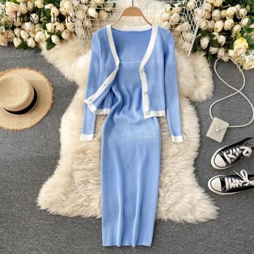 JulyPalette Knitting Dress Sets Women Sleeveless Spaghetti Strap Bodycon Dress+Full Sleeve Coats Elegant Ladies 2Pcs Knitted Set