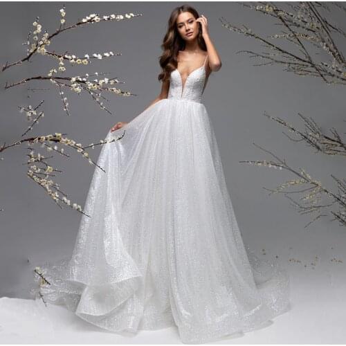 Eightree Sexy White Spaghetti Straps Wedding Dress V-neck Glitter Backless A-Line Bridal Ball Gown Long Evening Dresses Custom