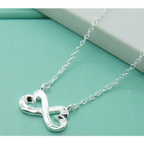 100% Real 925 Sterling Silver Double Love Heart Pendant Necklaces For Women Girl Best Jewelry Gift