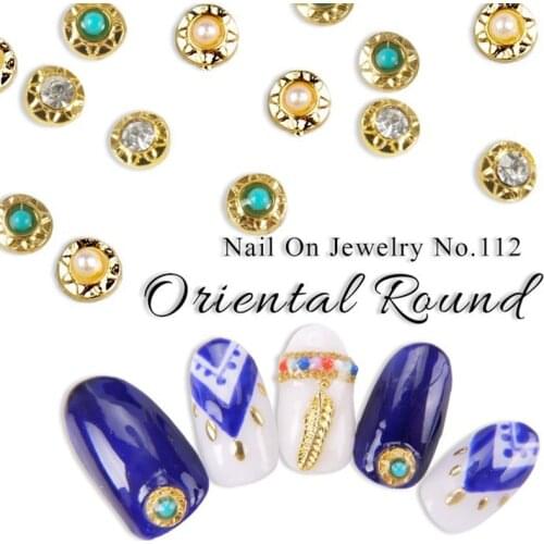 50pcs/pack Japan Alloy Nail Art charms decals engraved round with rhinestone Metal Accessorie for Phototherapy Nail Sticker DIY