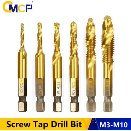 CMCP HSS Screw Thread Metric Tap Drill Bits 1/4 Hex Shank TiN Coating Metric Spiral Tap M3 M4 M5 M6 M8 M10 Hand Tools