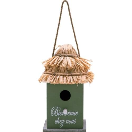 Wooden Bird House for Outdoor Hanging, Natural Grass Outside Garden Patio Decorative,French font Tropical rainforest retro style