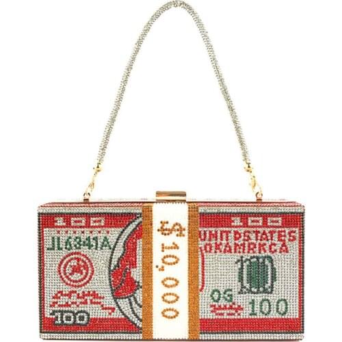 Money Clutch Rhinestone Purse 10000 Dollars Stack Of Cash Evening Handbags Shoulder Wedding Dinner Bag 7 Color
