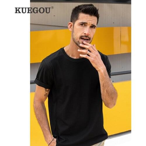 KUEGOU 2021 Summer Cotton Plain Black Patchwork T Shirt Men Tshirt Brand T-shirt Short Sleeve Tee Shirt Fashion Clothes 90072