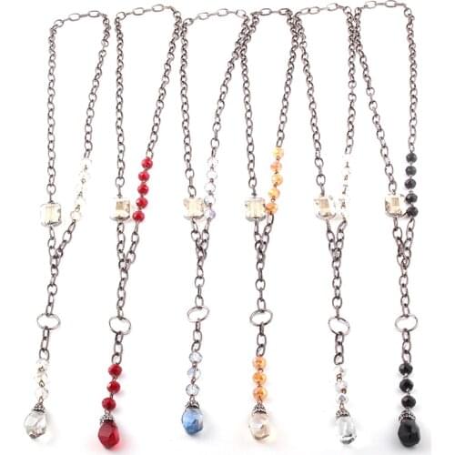 Fashion Bohemian Jewelry Glass Cryst Rosary Chain and Black Gun Chain Paved Crystal Drop Pendant Necklaces