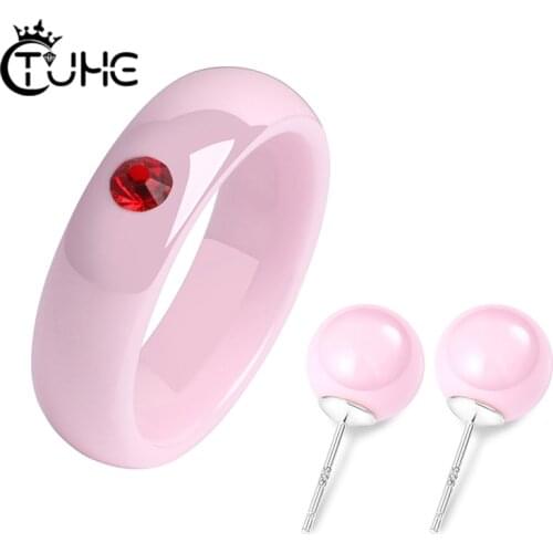 Fashion Ceramic Jewelry Set For Women 925 Sterling Silver Stud Earrings 6mm Ceramic Ring White Black Pink Romantic Jewelry Gifts