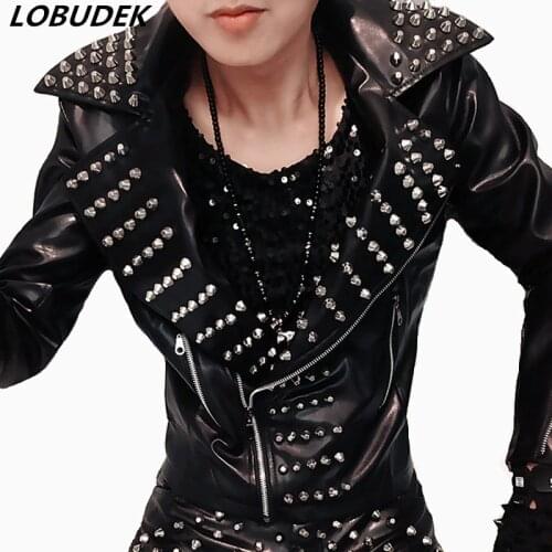 Male PU leather rivet tide suit costumers fashion jacket pants 2 pieces sets stage rock coat trousers show nightclub bar prom dj