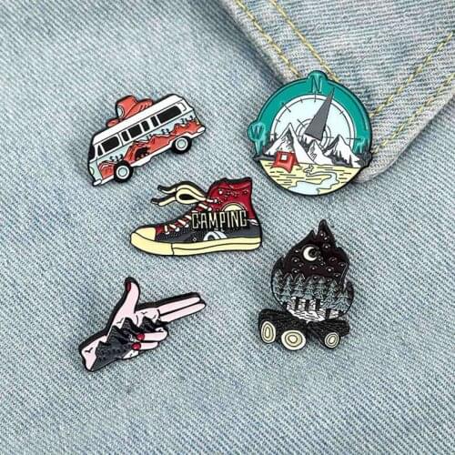 Camping Life Enamel Pin Outdoor Compass Canvas Shoe Bonfire Tent Motorhome Brooches Bag Lapel Pin Badge Jewelry Gift For Friends