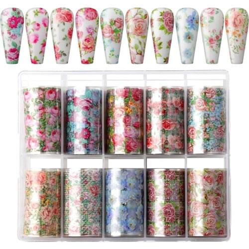 Makartt Nail Art Foil Transfer Stickers 10 Rolls Rose Flowers Nail Decals For Nail Extension Gel Polish