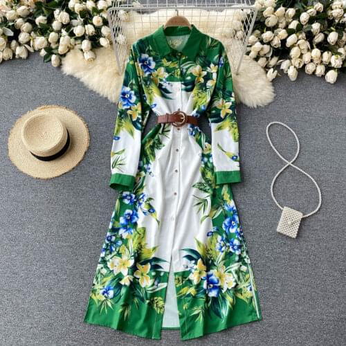 Fashion Green Print Long Dresses for Women Fall New Lapel Single-breasted Belt Shirt Dress Vestido Feminino Outwear Clothing
