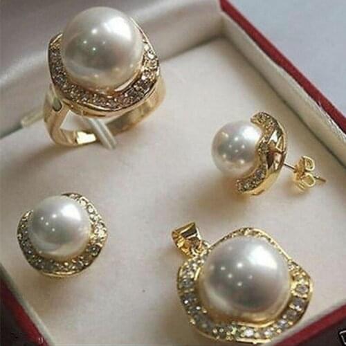 Multi-color Choices White green AAAA CZ White South Sea Shell Pearl Ring Pendant Earring Jewelry Set