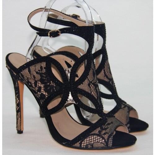 Sexy Flower Lace Black Rivets Straps Cut Out Sandals Peep toe Thin Heels Wedding Shoes Gladiator Back Strap Party High Heels