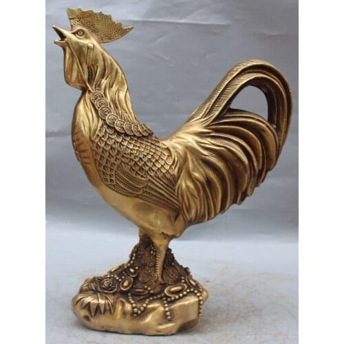 LUCKY CHINESE BRONZE FENGSHUI WEALTH "FU" CHICKEN ROOSTER COCK ANIMAL STATUE WEDDING COPPER DECORATION REAL BRASS