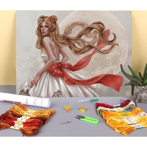 Cartoon Girl Woman Printed Fabric 11CT Cross-Stitch Full Kit Embroidery DMC Threads Handicraft Painting Needlework Sales