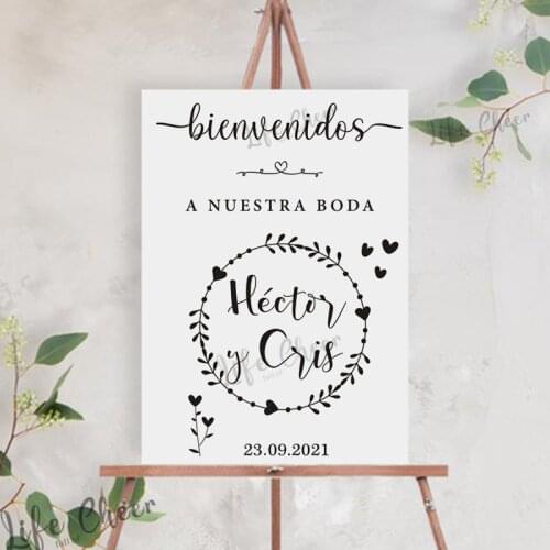 Bienvenidos Sign Wedding Stickers Custom Names And Date Vinyl Decal Spanish Wedding Welcome MIrror Board Sticker Decoration Art