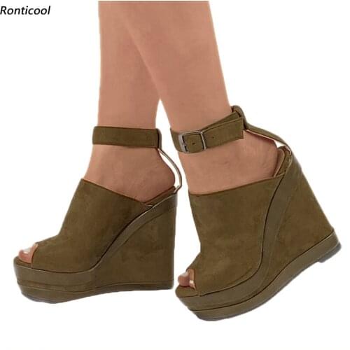 Ronticool New Handmade Women Ankle Strap Sandals Comfort Wedges Heels Open Toe Elegant Army Green Casual Shoes US Size 5-20