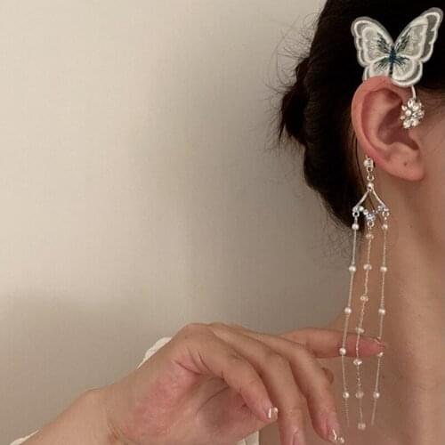 VSnow Korean Fashion Embroidery Butterfly Long Tassel Pearl Clip Earring for Women Charming Rhinestone Flower Earring Jewelry