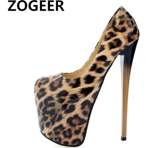 Plus Size 47 Fashion 19cm Ultra High Heels Platform Women Pumps Patent Leather Leopard Stiletto Heels Party Fetish Shoes Female