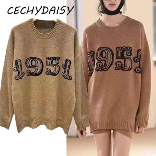 2021 Autumn Winter Sweater Women Loose Casual O-Neck Letters Long Sleeve Vintage Clothing Streetwear Za Knitted Pullovers Jumper
